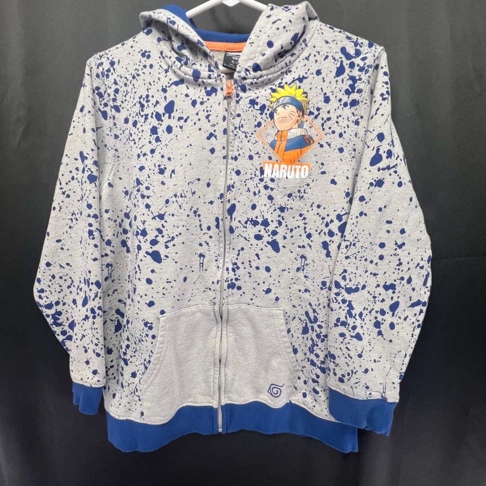 Naruto Shippuden Kids XL 14/16 Full Zip Hoodie Gray Blue Splatter Anime Graphic
